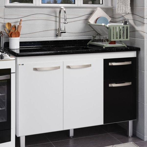 Conjunto Balcão com Pia Mármore Sintético 3 Portas 1 Gaveta Rorato Branco/Preto