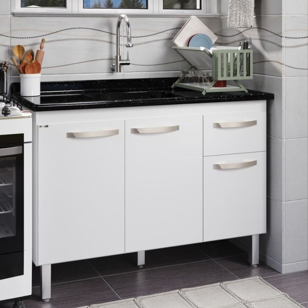 Conjunto Balcão com Pia Mármore Sintético 3 Portas 1 Gaveta Rorato Branco