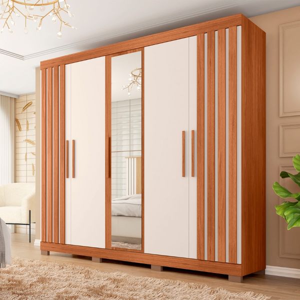 Guarda Roupa Casal Sophia Lux com Espelhos 5 Portas 2 Gavetas Caemmun Freijo/off white