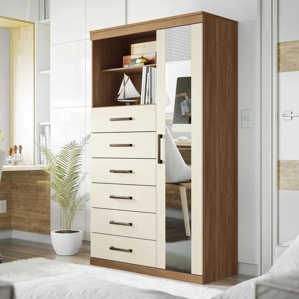 Cômoda Multiuso 1 Porta 6 Gavetas com Espelho Marabá Santos Andirá | Jatoba/Areia
