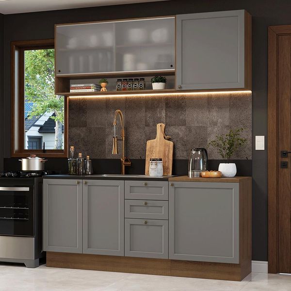 Armário de Cozinha Compacta 180 cm Rustic/Cinza Vik Madesa 03 Rustic/Cinza