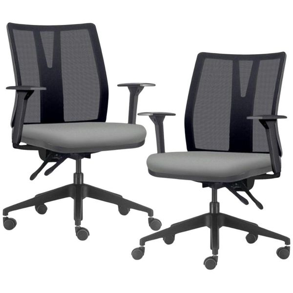 Kit 2 Cadeiras de Escritório Giratória Diretor Flow F02 Base Preta Sintético Cinza - Lyam Decor