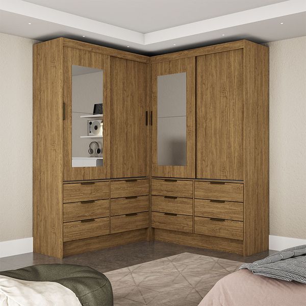 Closet Casal Duplo Sevilha 4 Portas com Espelho 12 Gavetas Carioca Móveis Branco
