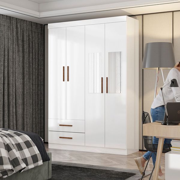 Guarda Roupa Casal Lu 4 Portas 2 Gavetas com Espelho Carioca Móveis Branco