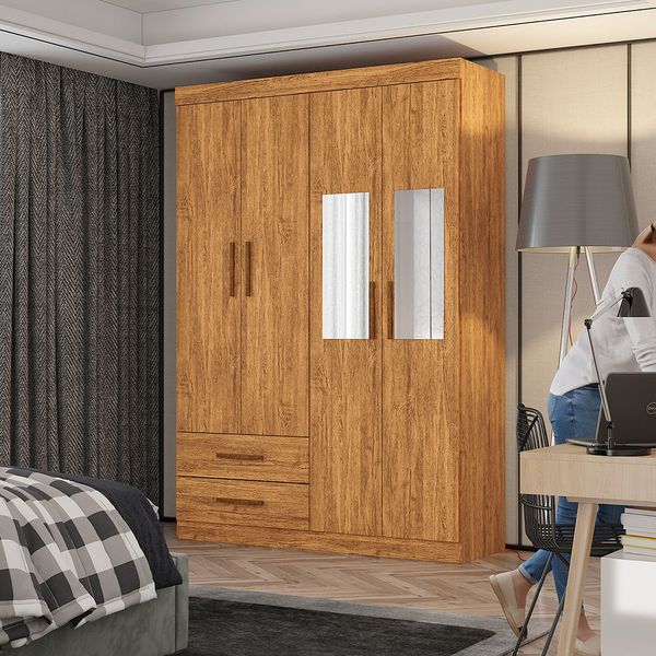 Guarda Roupa Casal Lu 4 Portas 2 Gavetas com Espelho Carioca Móveis Branco
