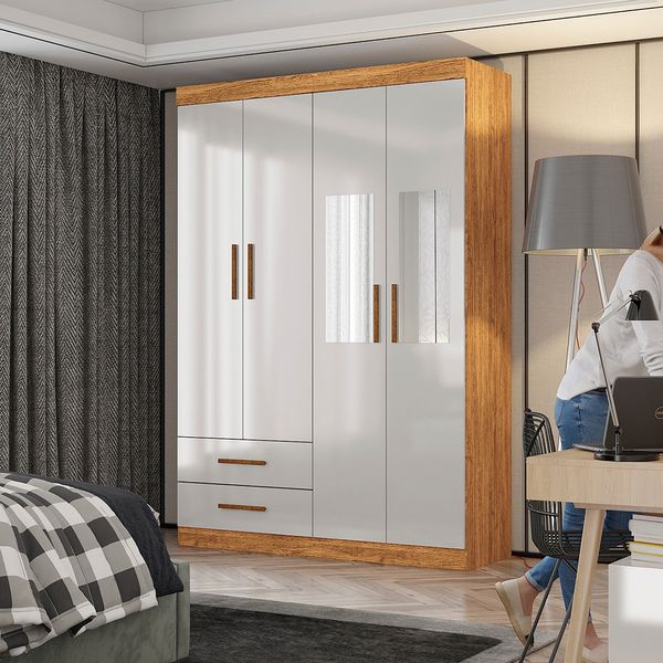 Guarda Roupa Casal Lu 4 Portas 2 Gavetas com Espelho Carioca Móveis Branco