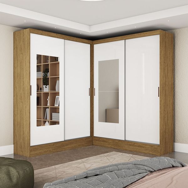 Closet Casal Duplo Belém 4 Portas com Espelho 4 Gavetas Carioca Móveis Branco