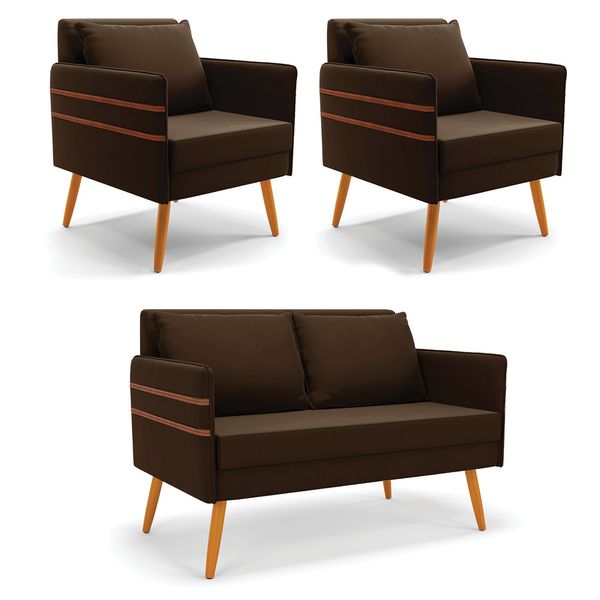 Kit 1 Namoradeira 02 Lugares e 2 Poltronas Mari Suede Marrom Pés Palito Castanho - D'Rossi