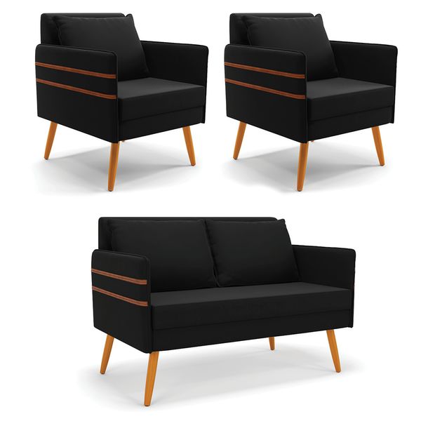 Kit 1 Namoradeira 02 Lugares e 2 Poltronas Mari Suede Preto Pés Palito Castanho - D'Rossi