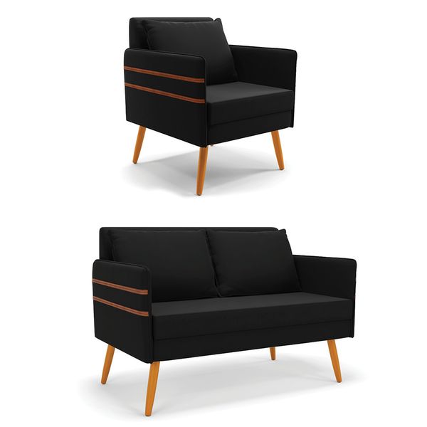Kit 1 Namoradeira 02 Lugares e 1 Poltrona Mari Suede Pés Palito Castanho - D'Rossi Preto