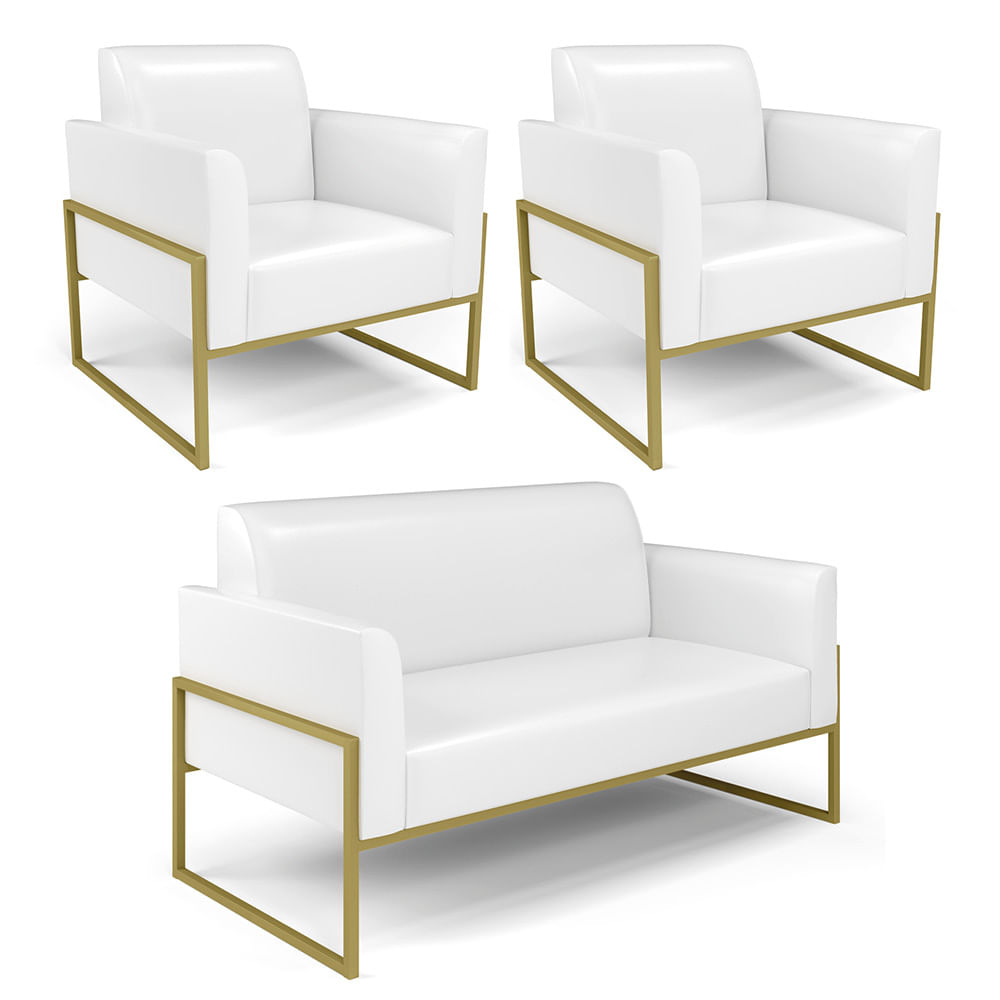 Sof  Namoradeira com 2 Poltronas Base Industrial Alta Dourado Marisa Corano Branco D03 - D'Rossi