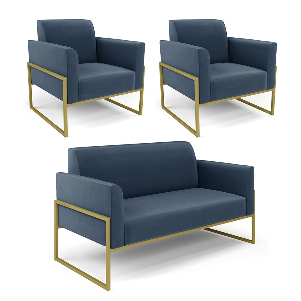 Sof  Namoradeira com 2 Poltronas Base Industrial Alta Dourado Marisa Suede D03 - D'Rossi