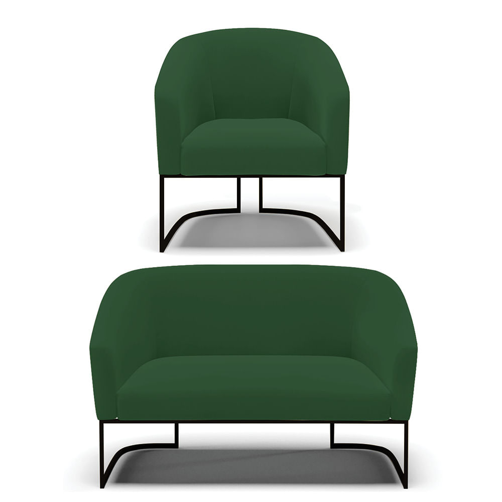 Sof  Namoradeira e Poltrona Base Industrial Preto Stella Veludo Verde D03 - D'Rossi