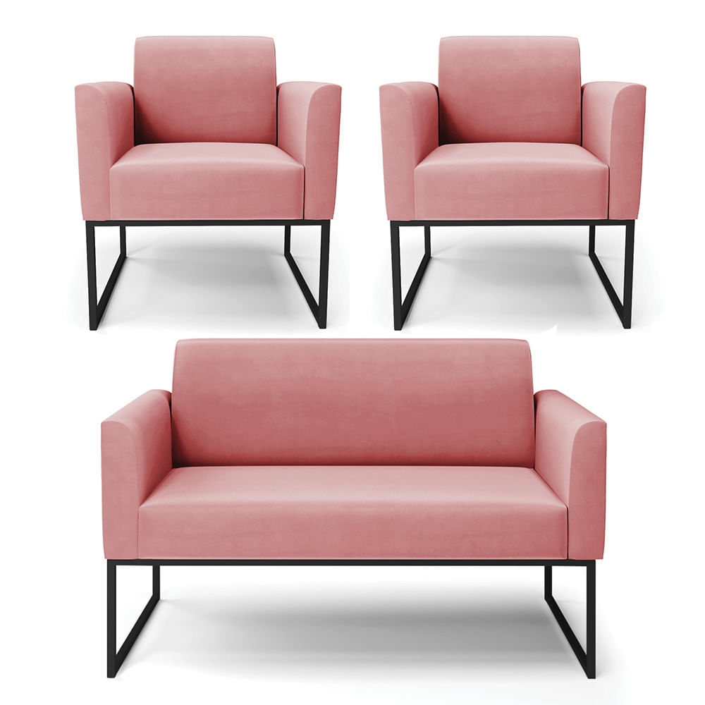 Sofá Namoradeira com 2 Poltronas Base Industrial Preto Marisa Suede Rosê D03 - D?Rossi