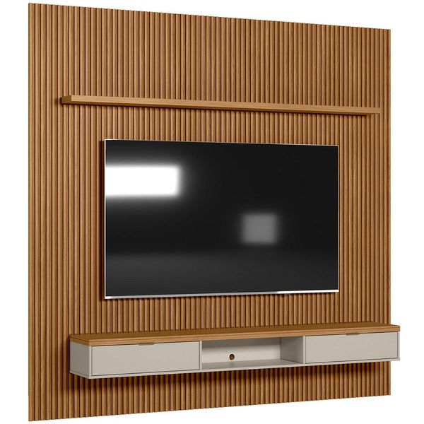 Painel Ripado Para TV 75 Pol Slats e Bancada Lisa 258x250cm L05 Nature Off White - Lyam Decor