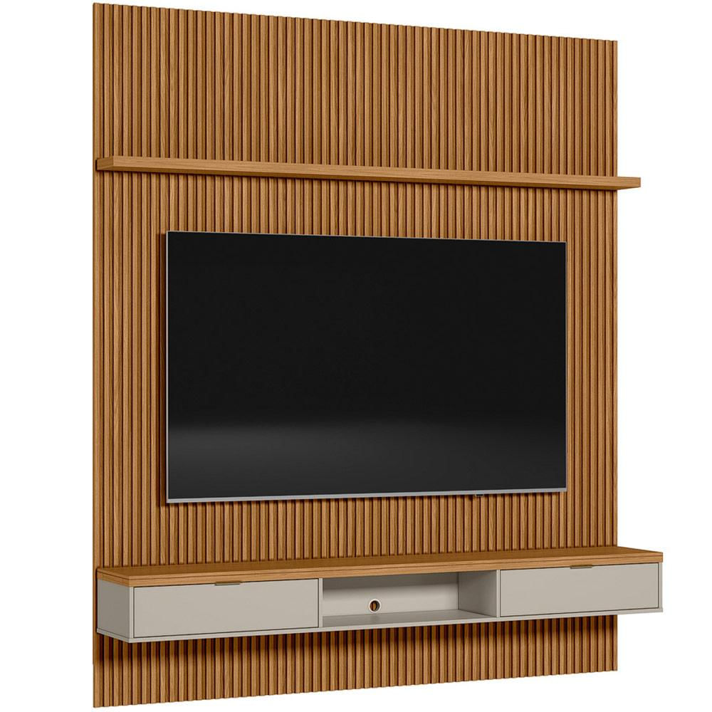 Painel Ripado Para TV 75 Pol Slats e Bancada Lisa 219x250cm L05 Nature Off White - Lyam Decor