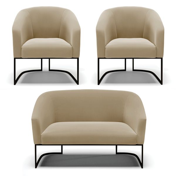 Namoradeira e 2 Poltronas Industrial Preto Stella Suede Marrom Rato D03 - D'Rossi