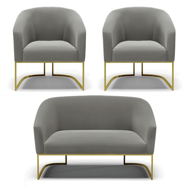 Namoradeira e 2 Poltronas Industrial Dourado Stella Suede Grafite D03 - D'Rossi