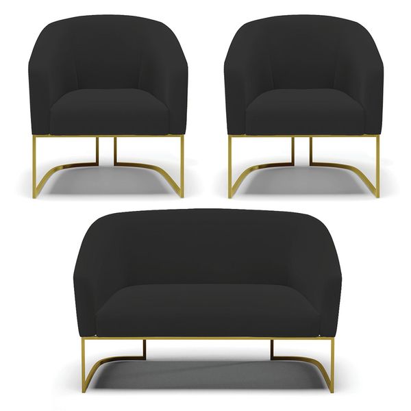 Namoradeira e 2 Poltronas Industrial Dourado Stella Veludo Preto D03 - D'Rossi