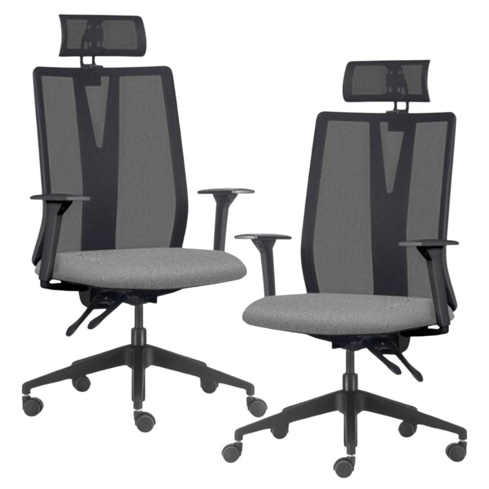 Kit 2 Cadeiras Escritório Giratória Presidente Flow F02 Base Preta Linho Cinza Escuro - Lyam Decor