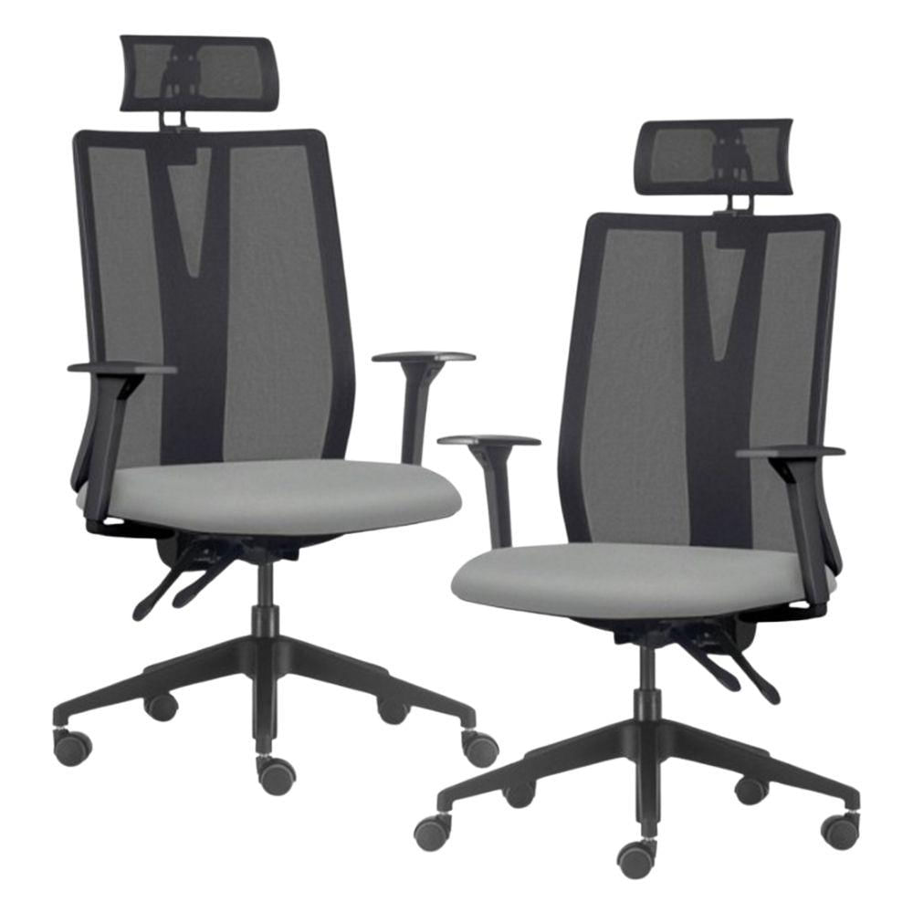 Kit 2 Cadeiras Escritório Giratória Presidente Flow F02 Base Preta Sintético Cinza - Lyam Decor