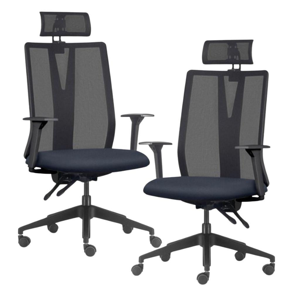 Kit 2 Cadeiras Escritório Giratória Presidente Flow F02 Base Preta Sintético Azul - Lyam Decor