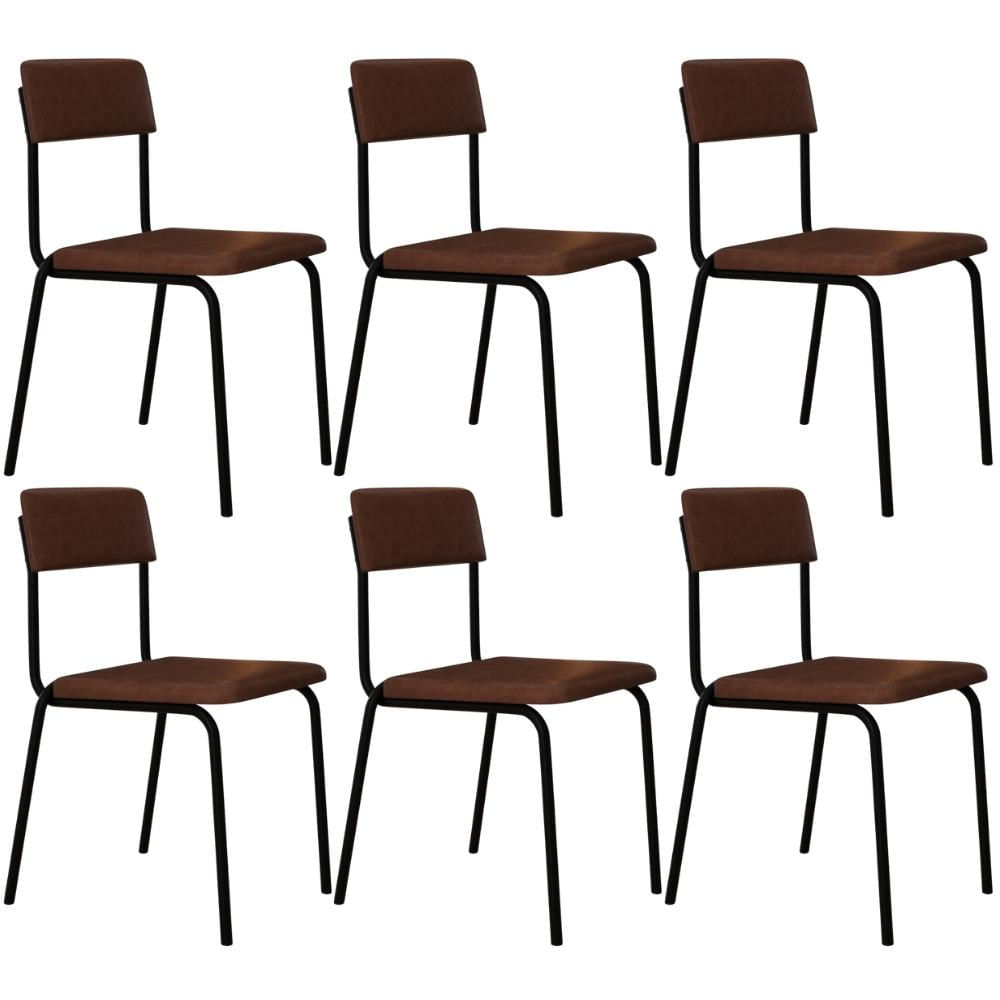 Kit 06 Cadeiras Estofada Para Sala de Jantar Sense Preto C01 Courino Whisky - Lyam Decor