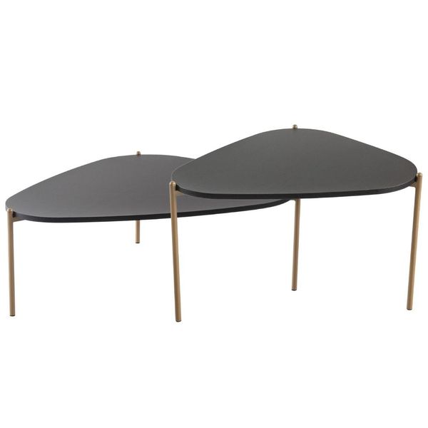 Kit 02 Mesas de Centro Para Sala de Estar Pés Metálicos Adek A03 Nero Dourado - Lyam Decor