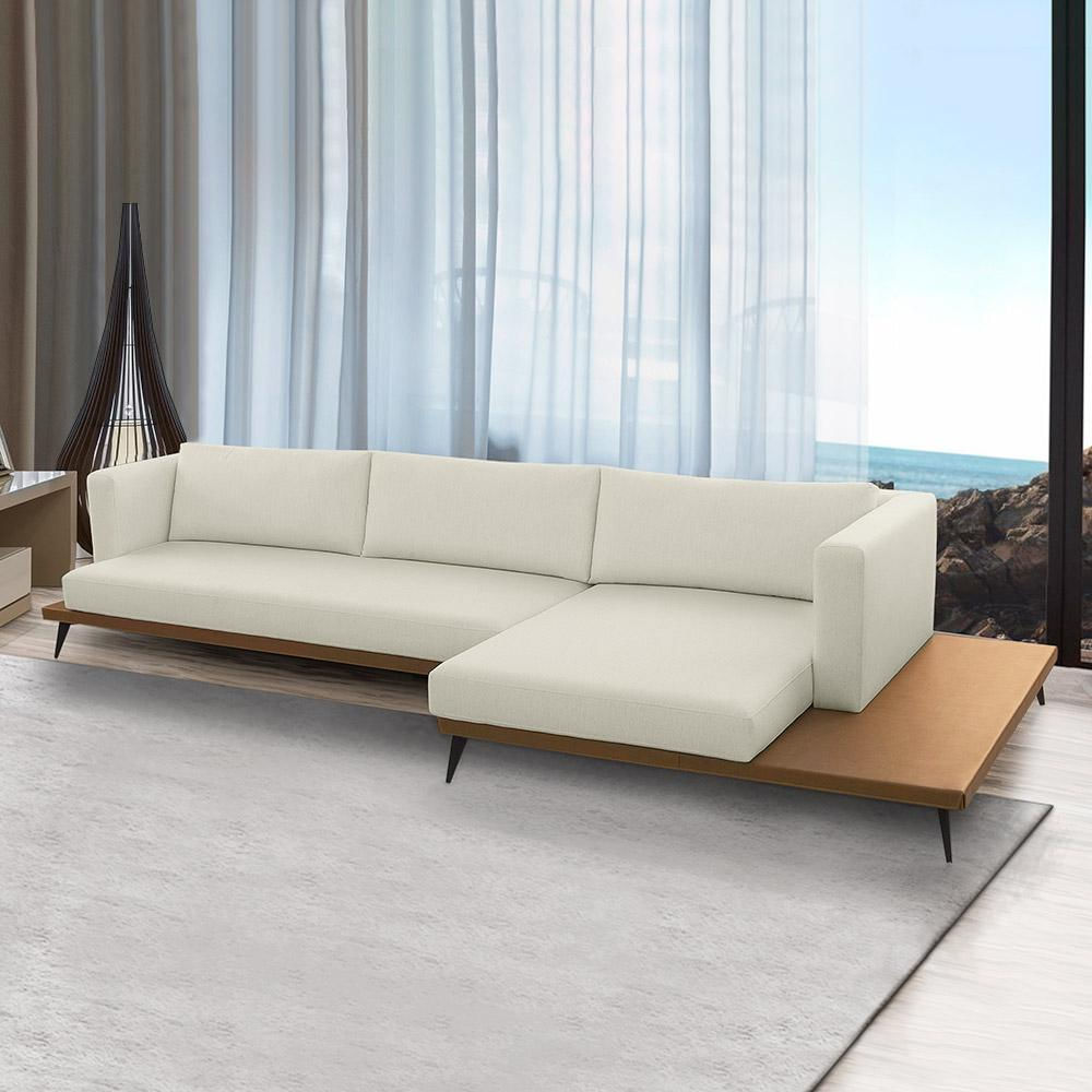 Sofá Sala de Estar Living Design Moderno 340cm Mesa Lateral Pés de Ferro Manacor Linho e PU Bege/Caramelo Manchado G93 - Gran Belo