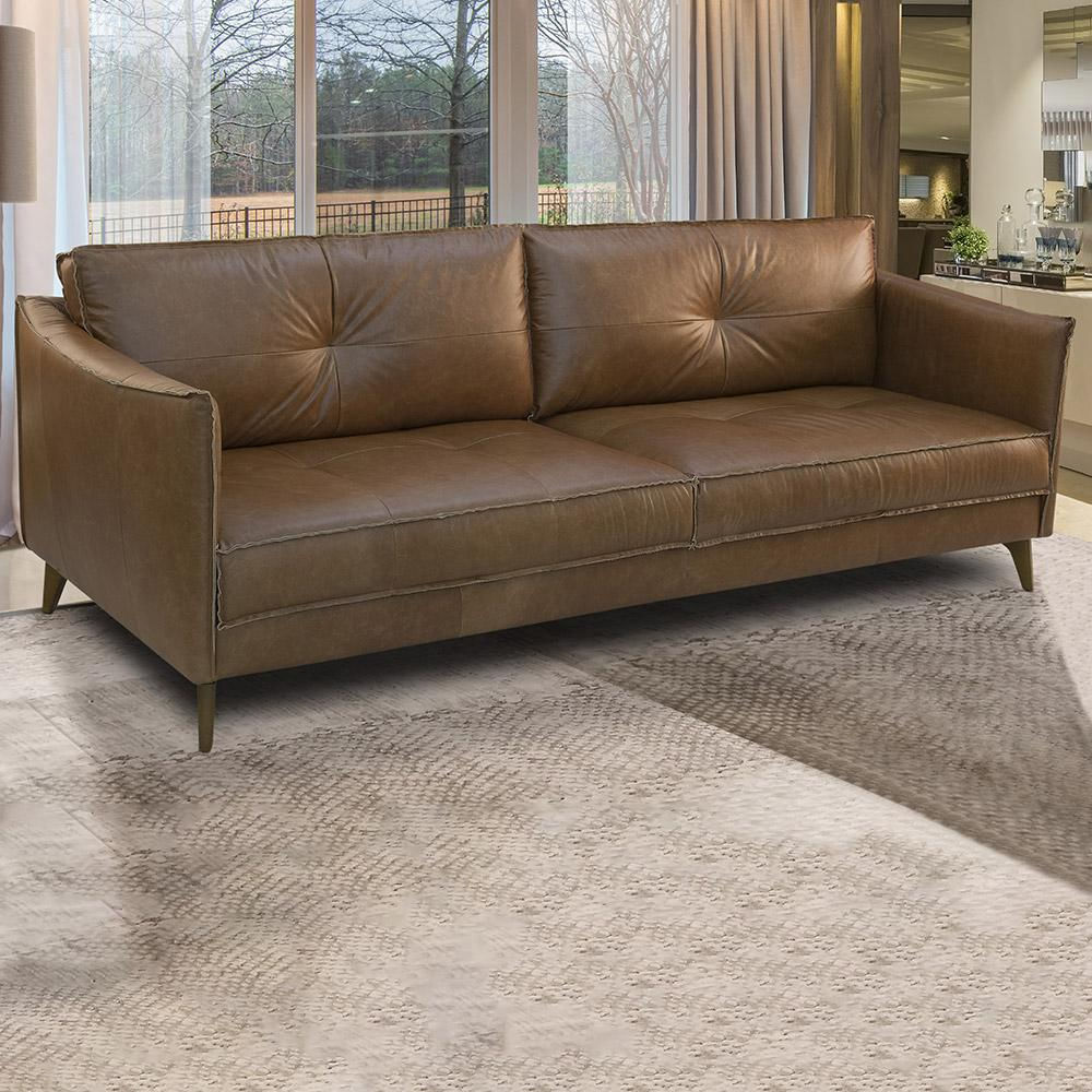 Sofá Sala de Estar Decorativo Living 244cm Pés de Madeira Peoria Couro Marrom Chocolate Manchado G93 - Gran Belo
