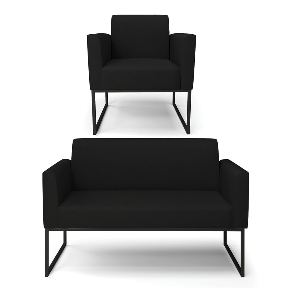 Sofá Namoradeira com Poltrona Base Industrial Preto Marisa Linho Preto A79 D03 - D'Rossi