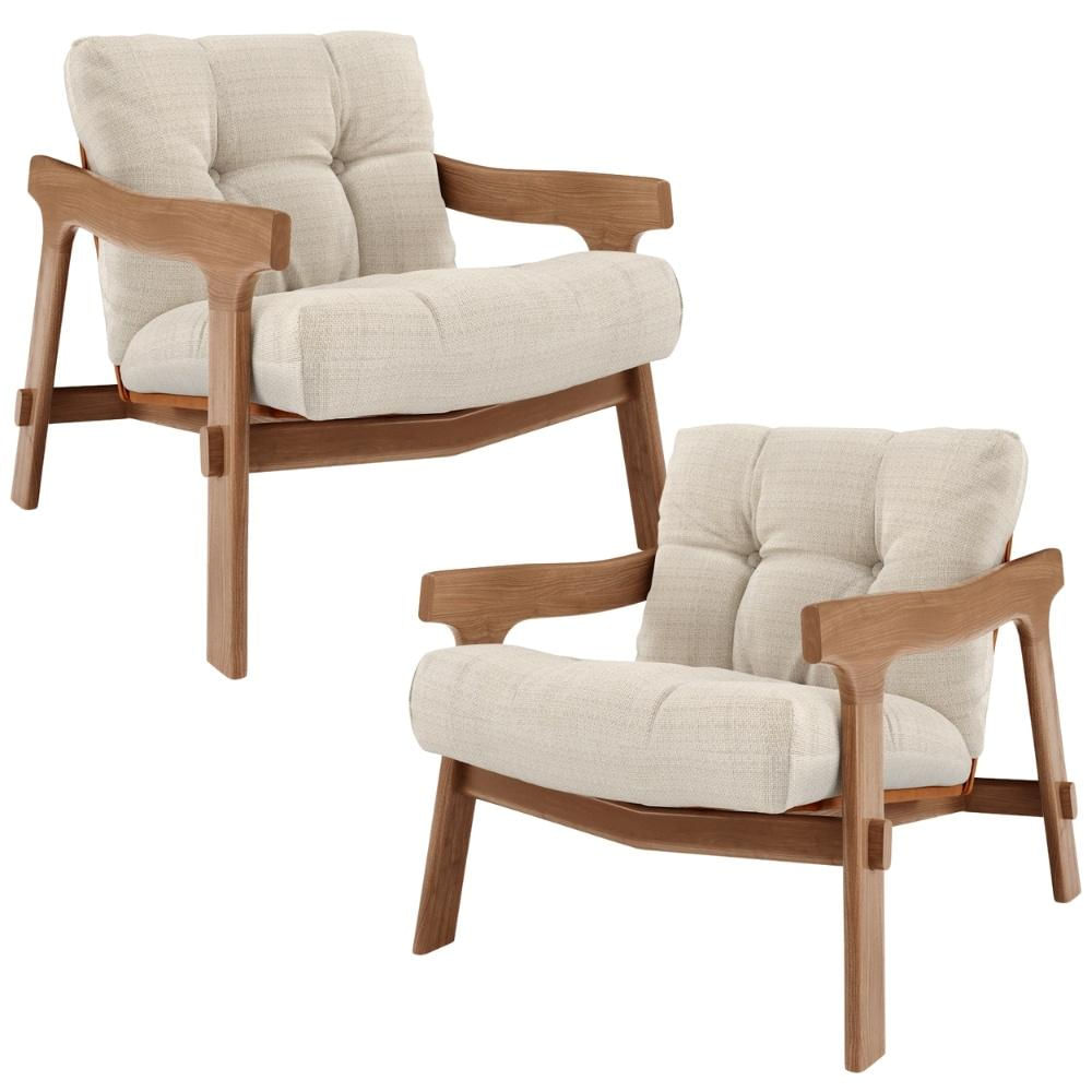 Kit 02 Poltronas Decorativa Fixa Para Sala Living Ikary L02 Canela Linho Palha - Lyam Decor
