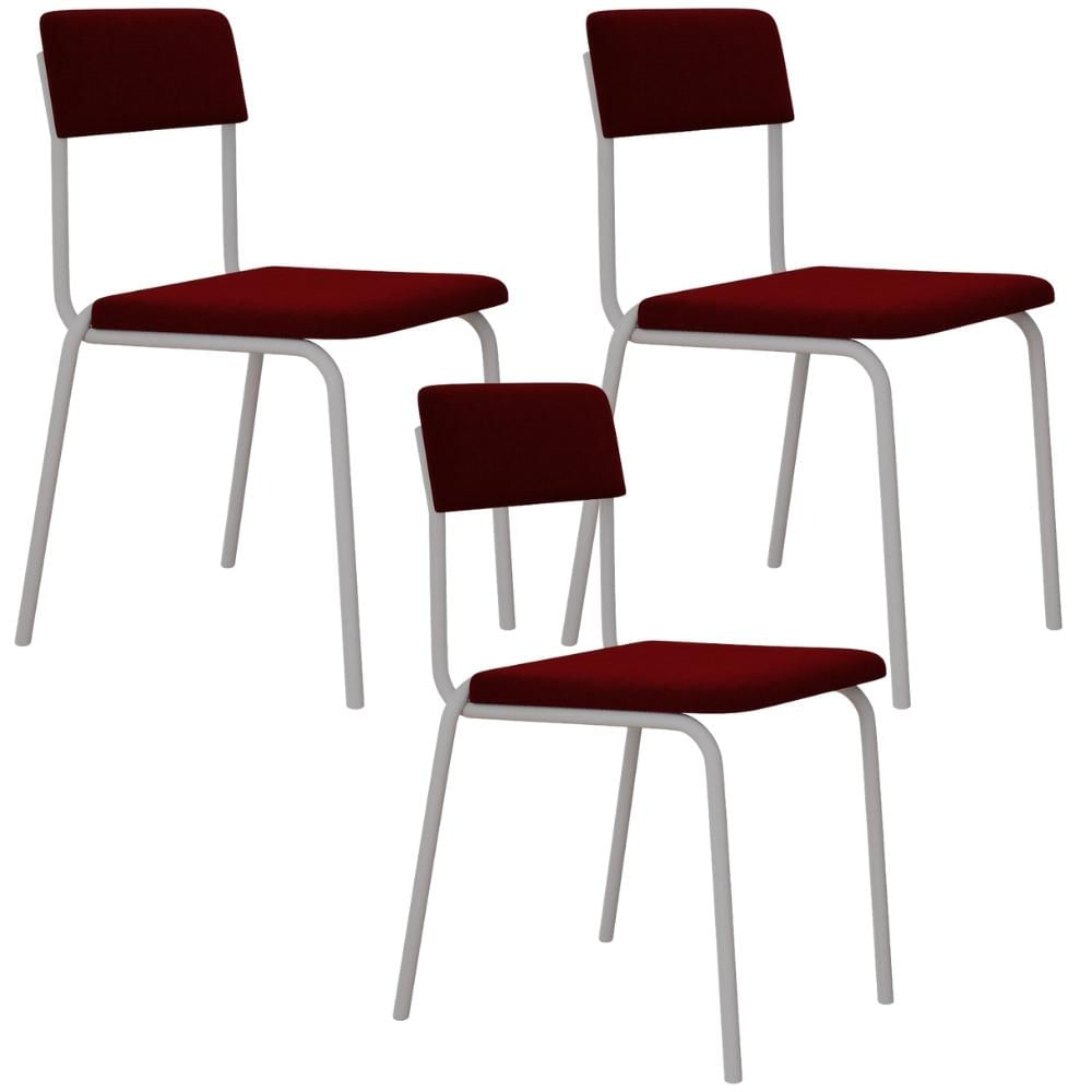 Kit 03 Cadeiras Estofada Para Sala de Jantar Sense Branco C01 Veludo Vermelho Vinho - Lyam Decor