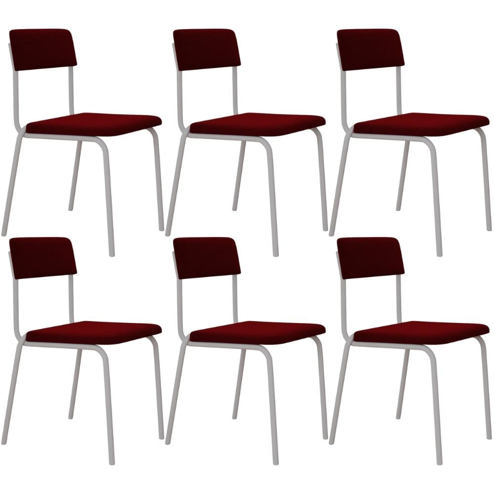 Kit 06 Cadeiras Estofada Para Sala de Jantar Sense Branco C01 Veludo Vermelho Vinho - Lyam Decor