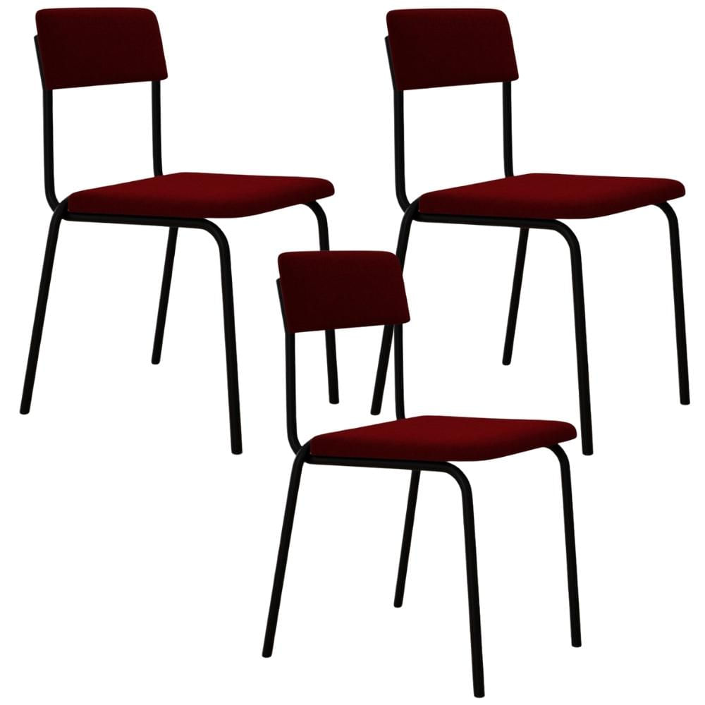 Kit 03 Cadeiras Estofada Para Sala de Jantar Sense Preto C01 Veludo Vermelho Vinho - Lyam Decor