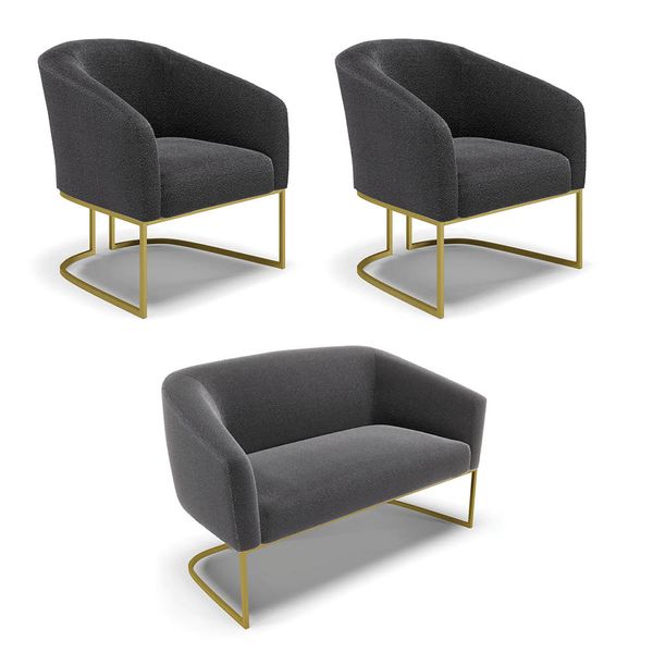 Namoradeira e 2 Poltronas Industrial Dourado Stella Bouclê Grafite D03 - D'Rossi