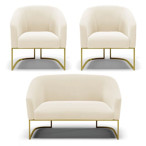 Namoradeira e 2 Poltronas Industrial Dourado Stella Veludo Bege D03 - D'Rossi