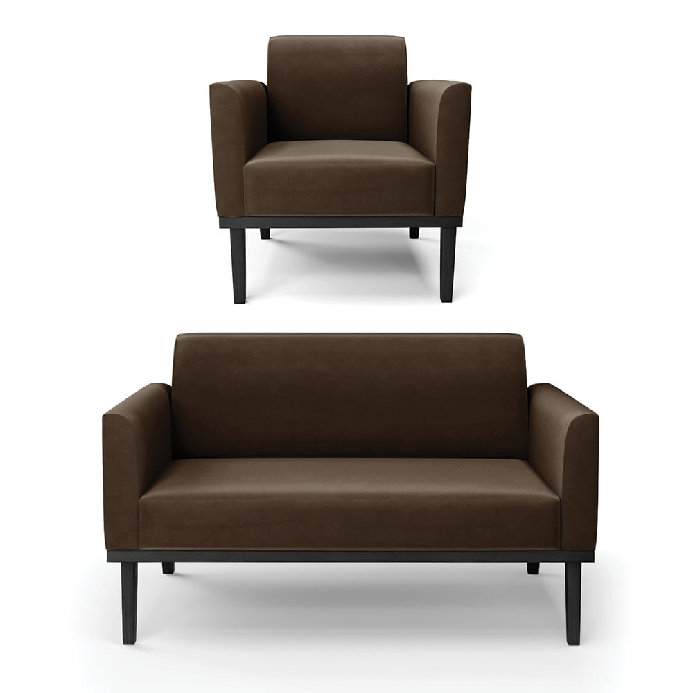 Sof  Namoradeira com Poltrona Base de Madeira Fixa Preto Marisa Suede Marrom  D03 - D'Rossi