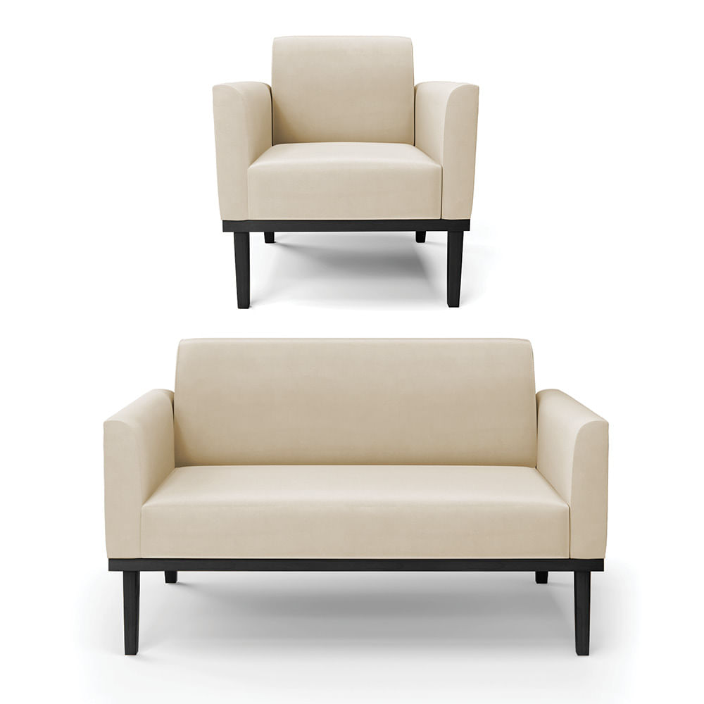 Sof  Namoradeira com Poltrona Base de Madeira Fixa Preto Marisa Suede Bege  D03 - D'Rossi