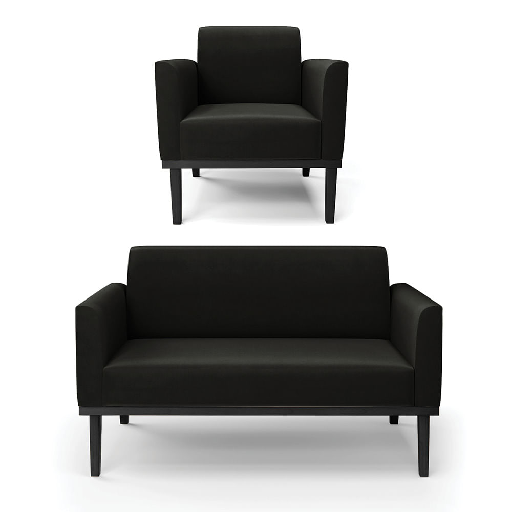 Sof  Namoradeira com Poltrona Base de Madeira Fixa Preto Marisa Suede Preto  D03 - D'Rossi