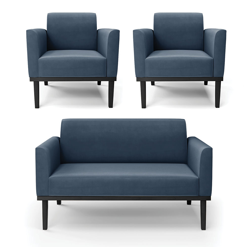 Sof  Namoradeira com 2 Poltronas Base de Madeira Fixa Preto Marisa Suede Azul Marinho  D03 - D'Rossi