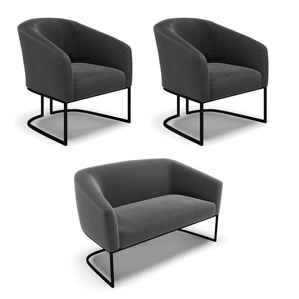 Namoradeira e 2 Poltronas Industrial Preto Stella Bouclê D03 - D'Rossi Grafite