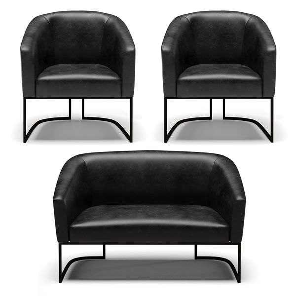 Namoradeira e 2 Poltronas Industrial Preto Stella Sintético PU D03 - D'Rossi Preto