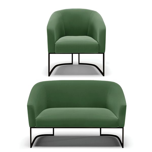 Sofá Namoradeira e Poltrona Base Industrial Preto Stella Suede D03 - D'Rossi Verde