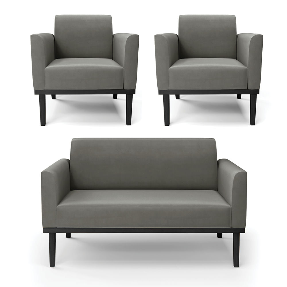 Sof  Namoradeira com 2 Poltronas Base de Madeira Fixa Preto Marisa Suede Grafite  D03 - D'Rossi