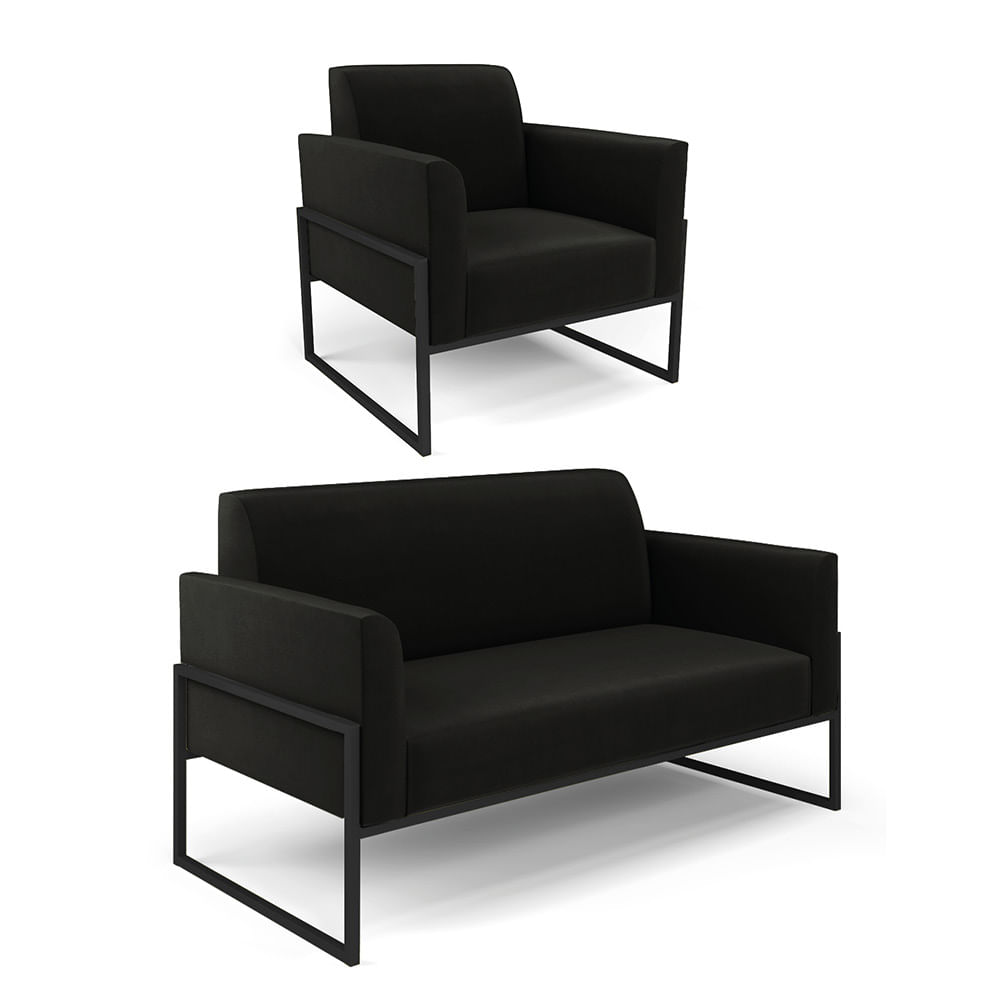 Sofá Namoradeira com Poltrona Base Industrial Alta Preto Marisa Suede Preto D03 - D'Rossi