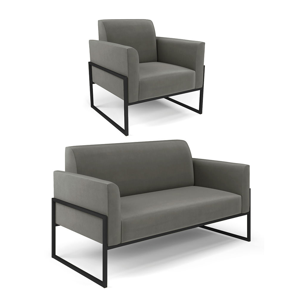 Sofá Namoradeira com Poltrona Base Industrial Alta Preto Marisa Suede Grafite D03 - D'Rossi