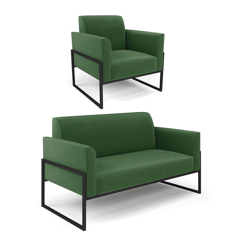 Sofá Namoradeira com Poltrona Base Industrial Alta Preto Marisa Suede Verde D03 - D'Rossi