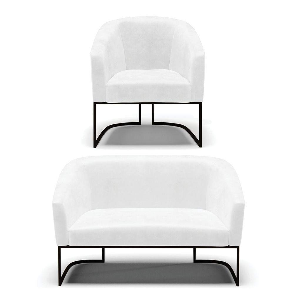 Sofá Namoradeira e Poltrona Base Industrial Preto Stella Sintético PU Branco D03 - D'Rossi