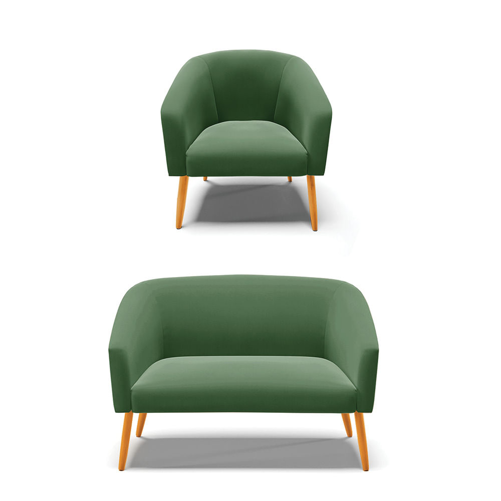 Sofá Namoradeira e Poltrona Pé Palito Castanho Stella Suede Verde D03 - D'Rossi